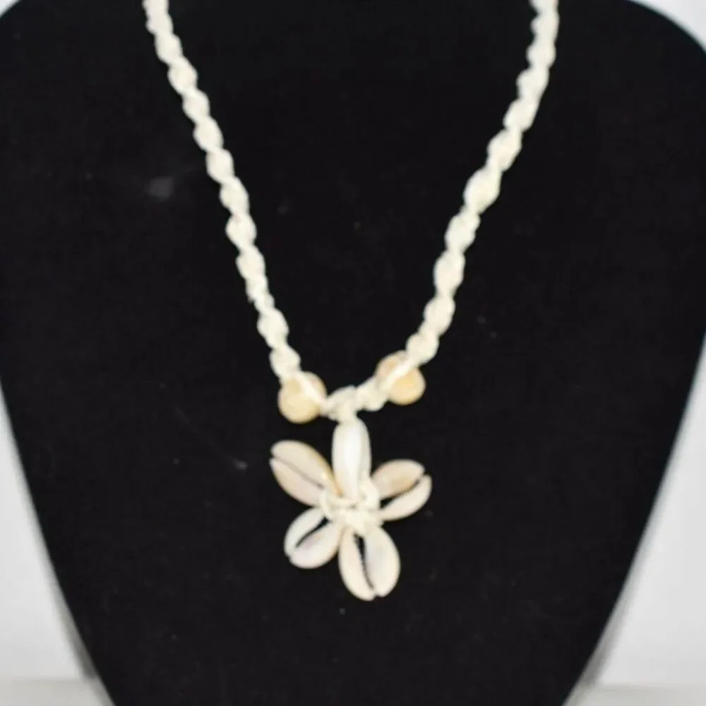 Vintage Island Cowrie/Nassa Shell Flower Etched Beads Braided Hemp 15